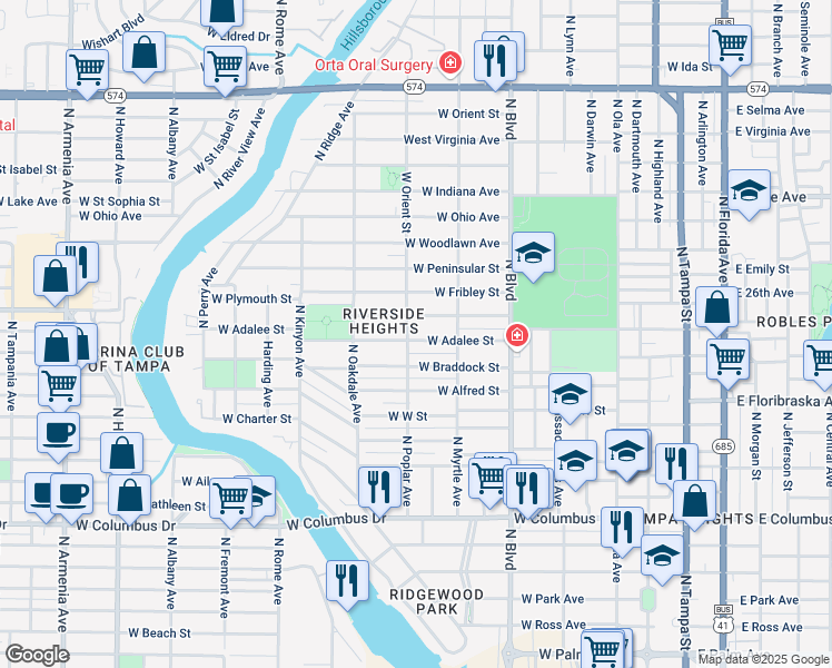 map of restaurants, bars, coffee shops, grocery stores, and more near 822 West Plymouth Street in Tampa