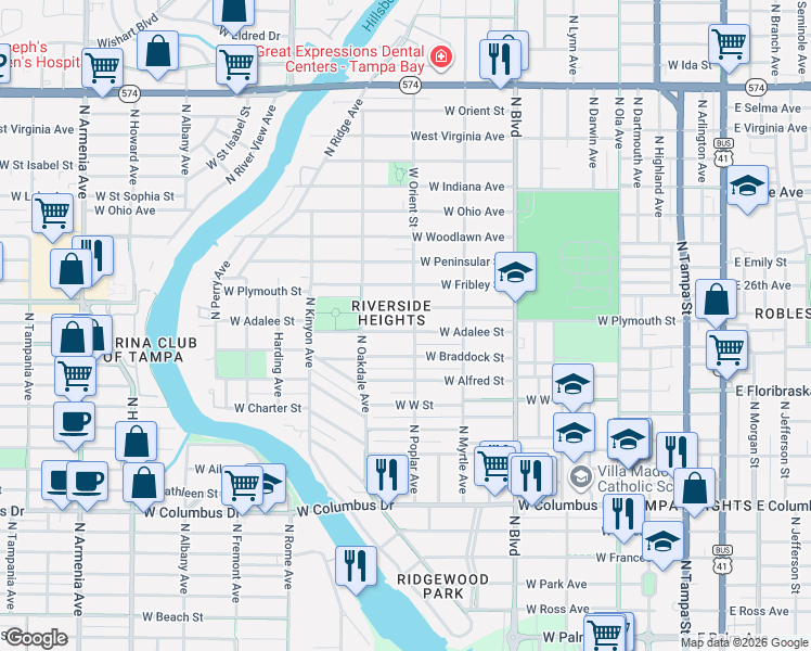 map of restaurants, bars, coffee shops, grocery stores, and more near 822 West Plymouth Street in Tampa
