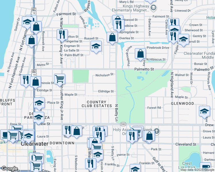map of restaurants, bars, coffee shops, grocery stores, and more near 1265 Seminole Street in Clearwater