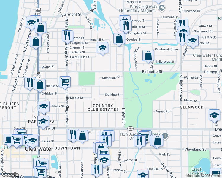 map of restaurants, bars, coffee shops, grocery stores, and more near 1265 Seminole Street in Clearwater