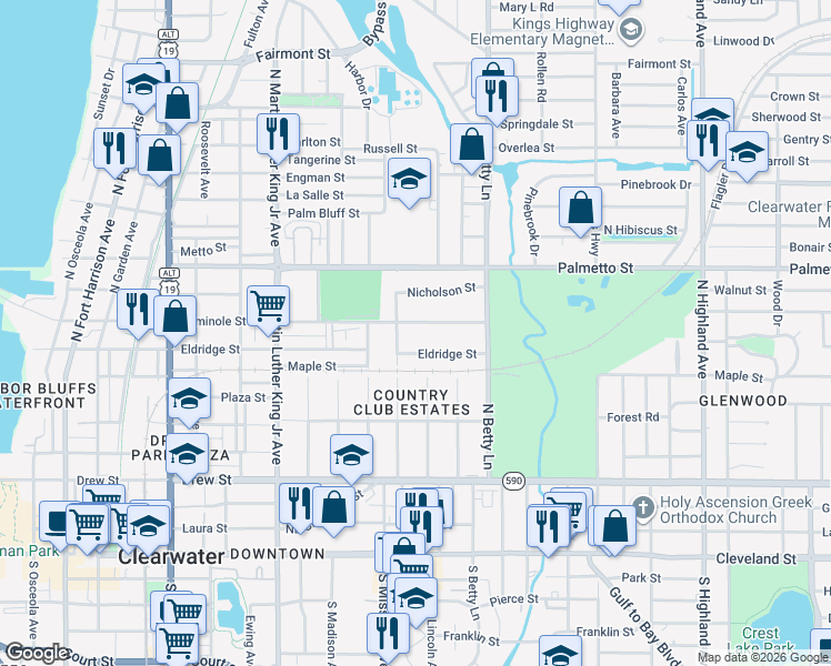map of restaurants, bars, coffee shops, grocery stores, and more near 1229 Seminole Street in Clearwater