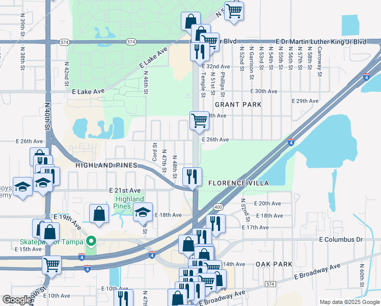 map of restaurants, bars, coffee shops, grocery stores, and more near 3213 North 49th Street in Tampa