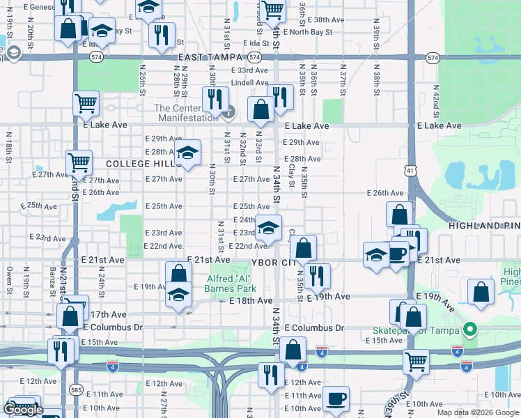 map of restaurants, bars, coffee shops, grocery stores, and more near 3301 North 33rd Street in Tampa