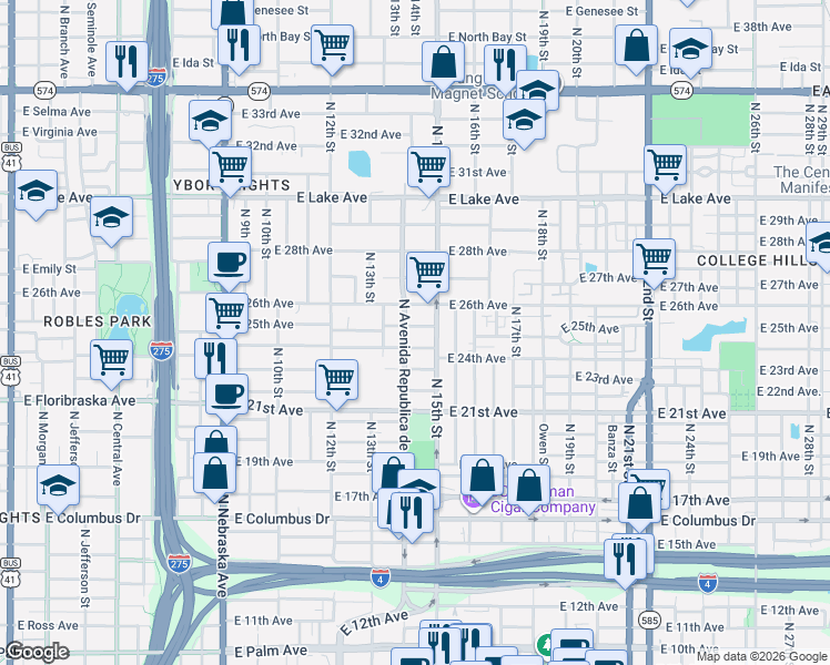 map of restaurants, bars, coffee shops, grocery stores, and more near 3300 North Avenida Republica de Cuba in Tampa