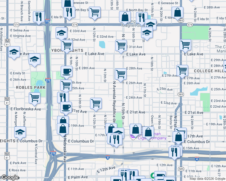 map of restaurants, bars, coffee shops, grocery stores, and more near 3300 North Avenida Republica de Cuba in Tampa