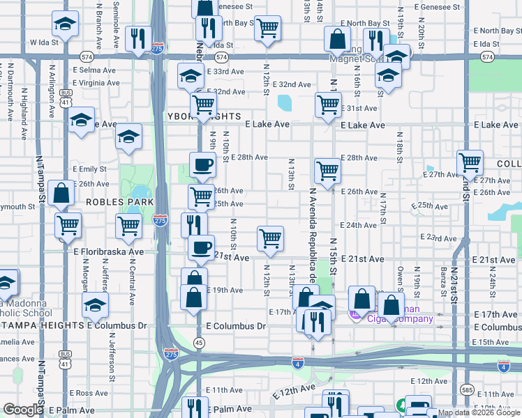 map of restaurants, bars, coffee shops, grocery stores, and more near 1020 East 25th Avenue in Tampa