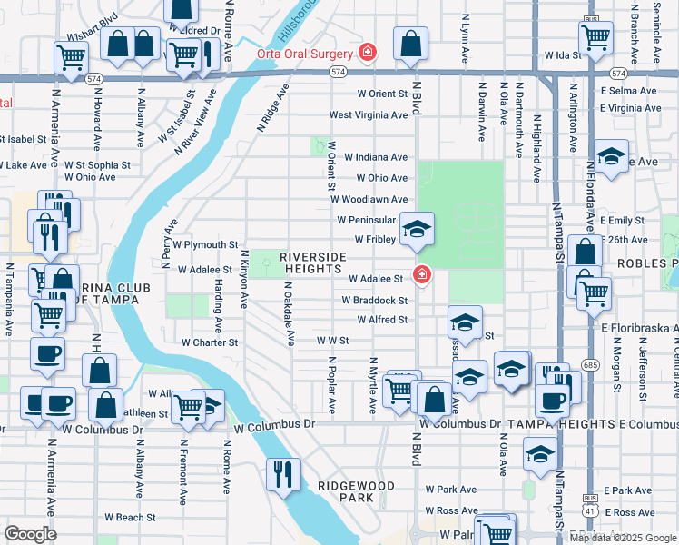 map of restaurants, bars, coffee shops, grocery stores, and more near 822 West Plymouth Street in Tampa