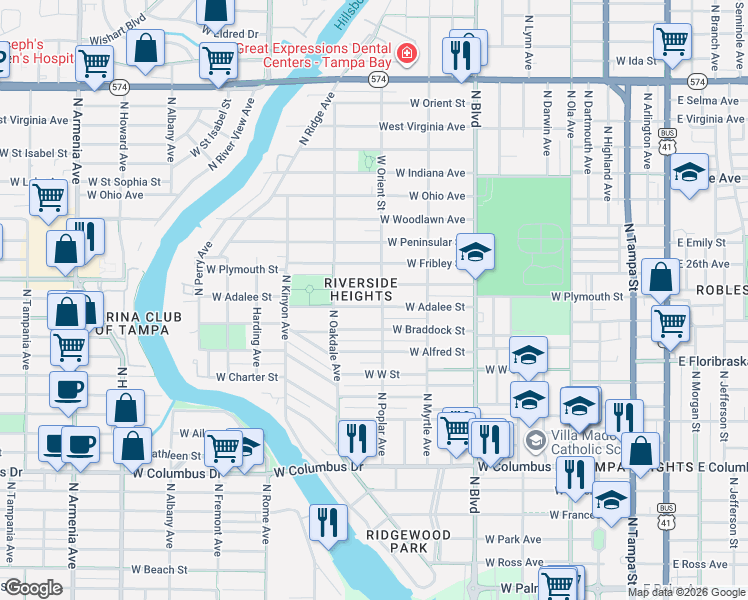 map of restaurants, bars, coffee shops, grocery stores, and more near 822 West Plymouth Street in Tampa