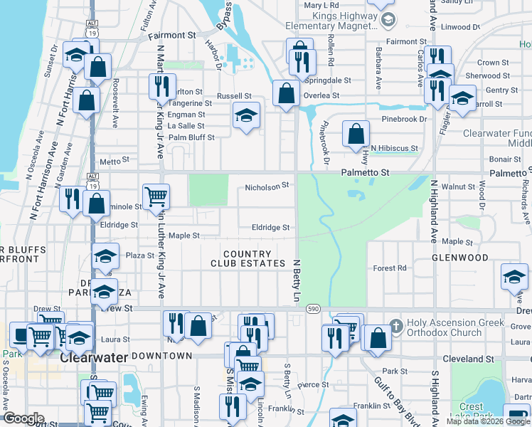 map of restaurants, bars, coffee shops, grocery stores, and more near 1265 Seminole Street in Clearwater