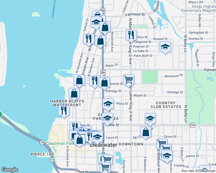 map of restaurants, bars, coffee shops, grocery stores, and more near 711 North Myrtle Avenue in Clearwater
