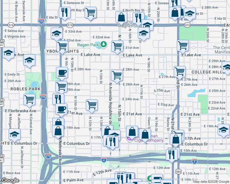 map of restaurants, bars, coffee shops, grocery stores, and more near 3304 North 15th Street in Tampa