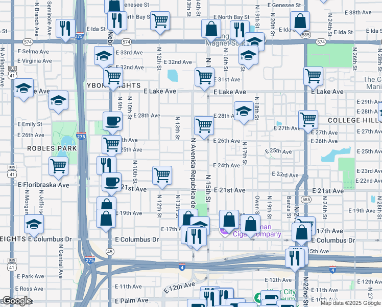 map of restaurants, bars, coffee shops, grocery stores, and more near 3300 North Avenida Republica de Cuba in Tampa
