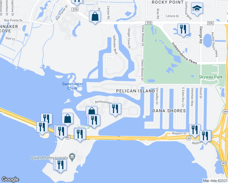 map of restaurants, bars, coffee shops, grocery stores, and more near 7113 Pelican Island Drive in Tampa