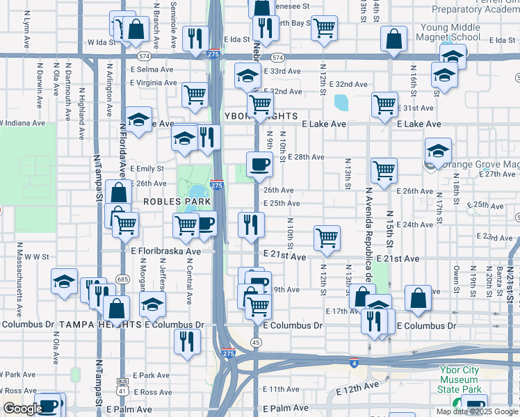 map of restaurants, bars, coffee shops, grocery stores, and more near 907 East 25th Avenue in Tampa