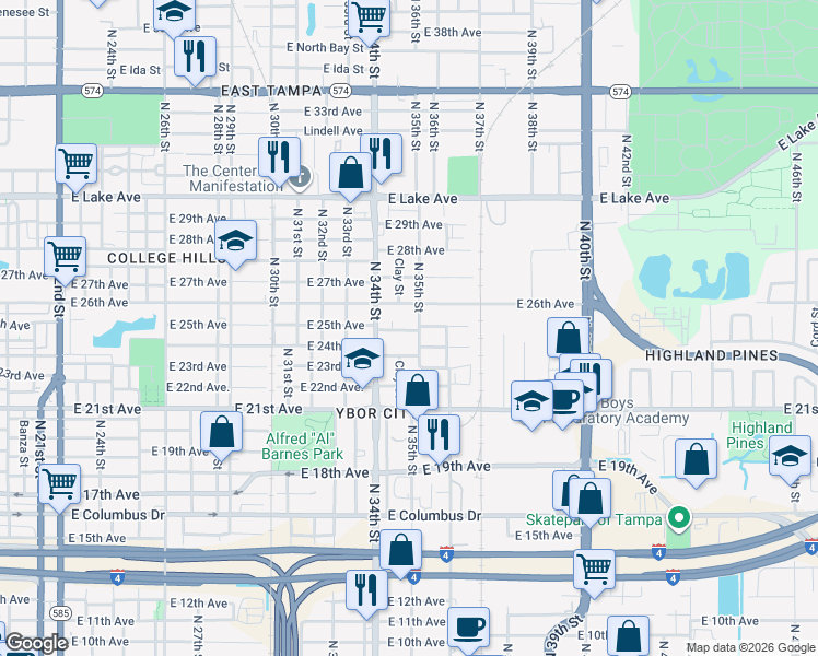 map of restaurants, bars, coffee shops, grocery stores, and more near 3502 East 25th Avenue in Tampa