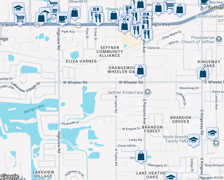 map of restaurants, bars, coffee shops, grocery stores, and more near 2006 North Taylor Road in Brandon