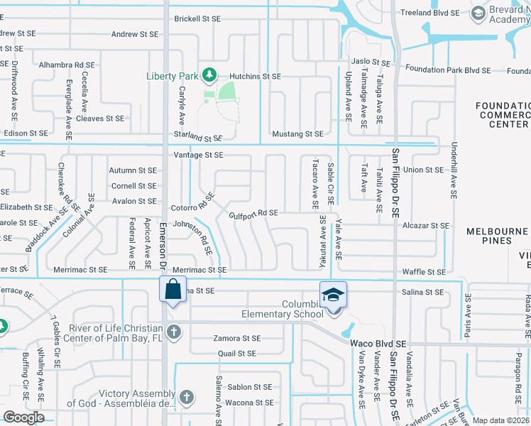 map of restaurants, bars, coffee shops, grocery stores, and more near 1058 Gulfport Road Southeast in Palm Bay