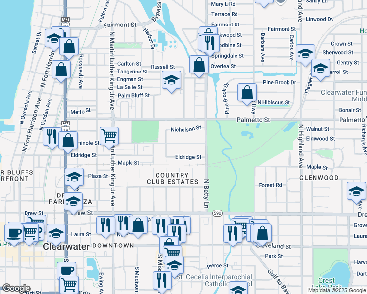map of restaurants, bars, coffee shops, grocery stores, and more near 1245 Seminole Street in Clearwater