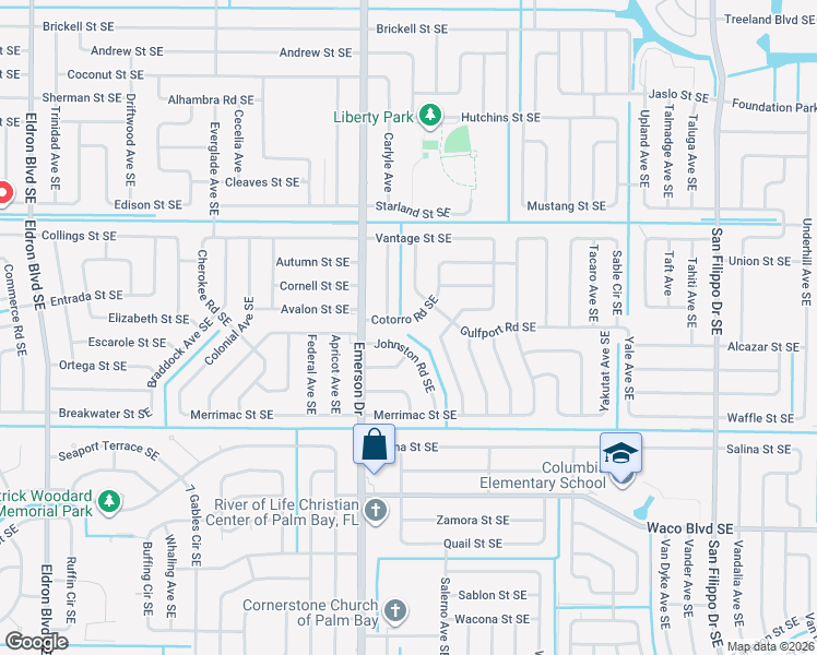 map of restaurants, bars, coffee shops, grocery stores, and more near 898 Cotorro Road Southeast in Palm Bay