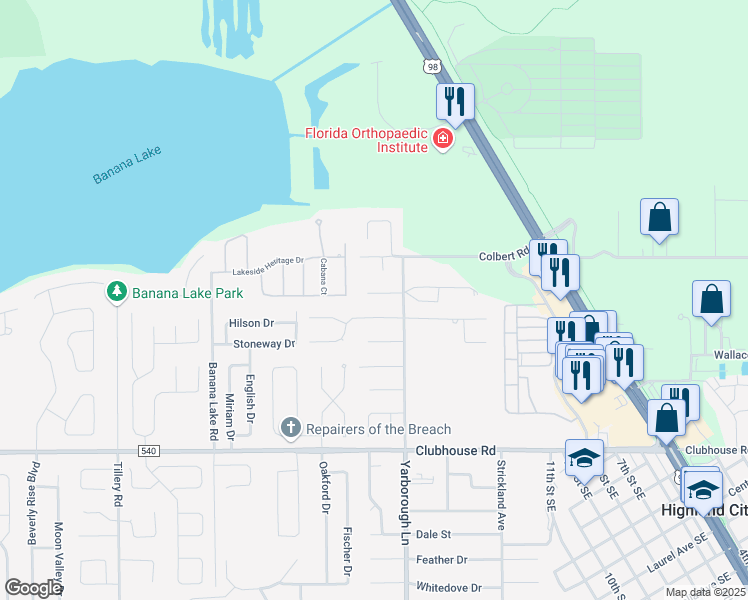 map of restaurants, bars, coffee shops, grocery stores, and more near 3609 Dan-Unie Lane in Lakeland