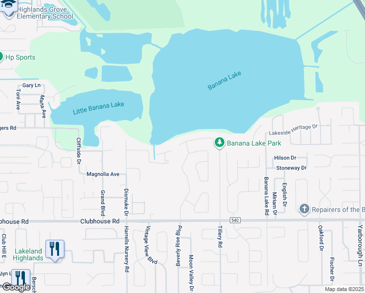 map of restaurants, bars, coffee shops, grocery stores, and more near 2151 Highlands By The Lake Way in Lakeland