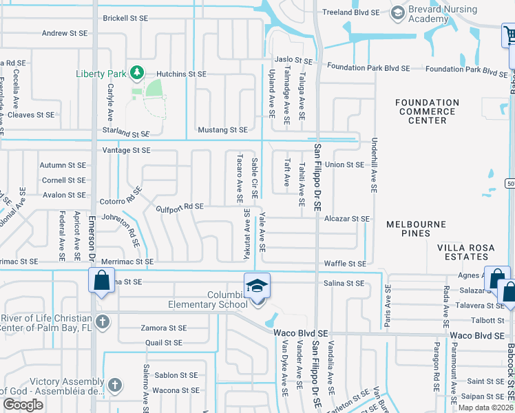 map of restaurants, bars, coffee shops, grocery stores, and more near 1195 Gulfport Road Southeast in Palm Bay