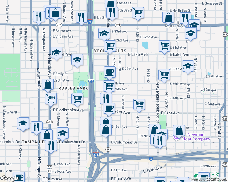 map of restaurants, bars, coffee shops, grocery stores, and more near 907 East 25th Avenue in Tampa