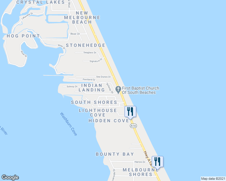 map of restaurants, bars, coffee shops, grocery stores, and more near 5334 Tay Court in Melbourne Beach