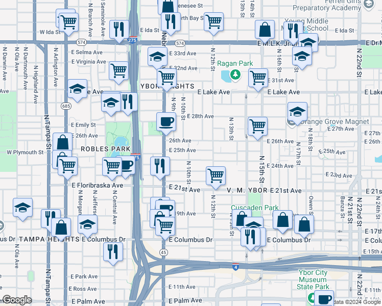 map of restaurants, bars, coffee shops, grocery stores, and more near 1001 East 25th Avenue in Tampa