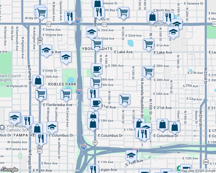 map of restaurants, bars, coffee shops, grocery stores, and more near 1001 East 25th Avenue in Tampa