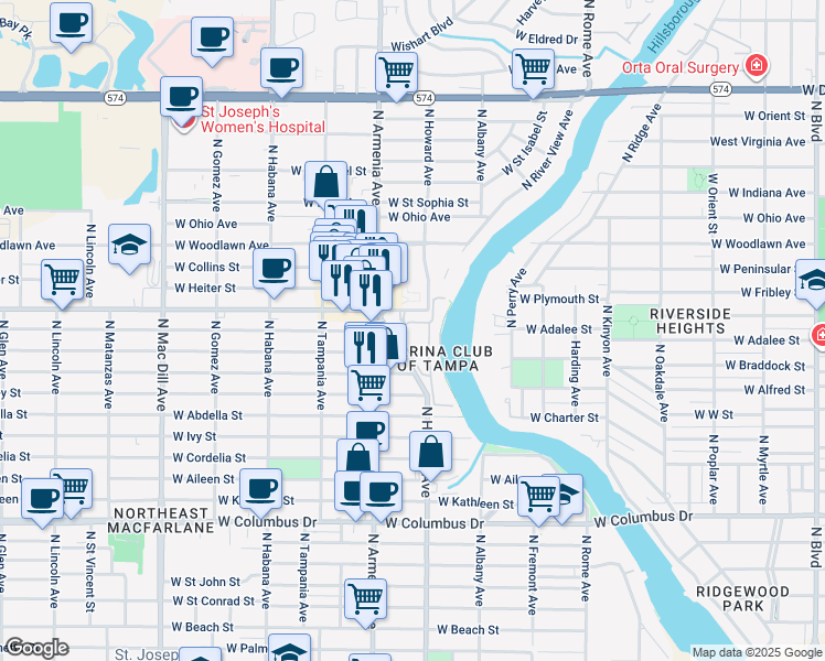 map of restaurants, bars, coffee shops, grocery stores, and more near 2424 West Tampa Bay Boulevard in Tampa