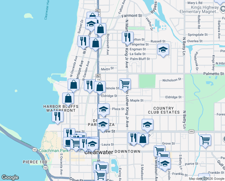 map of restaurants, bars, coffee shops, grocery stores, and more near 913 Seminole Street in Clearwater