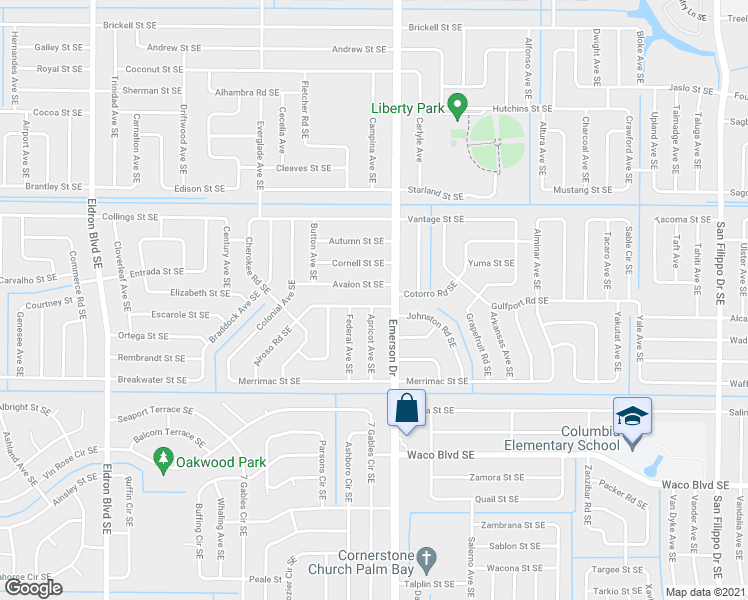 map of restaurants, bars, coffee shops, grocery stores, and more near 2380 Emerson Drive Southeast in Palm Bay