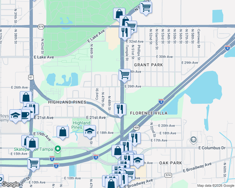 map of restaurants, bars, coffee shops, grocery stores, and more near 3213 North 49th Street in Tampa