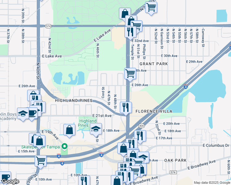 map of restaurants, bars, coffee shops, grocery stores, and more near 3225 North 47th Street in Tampa