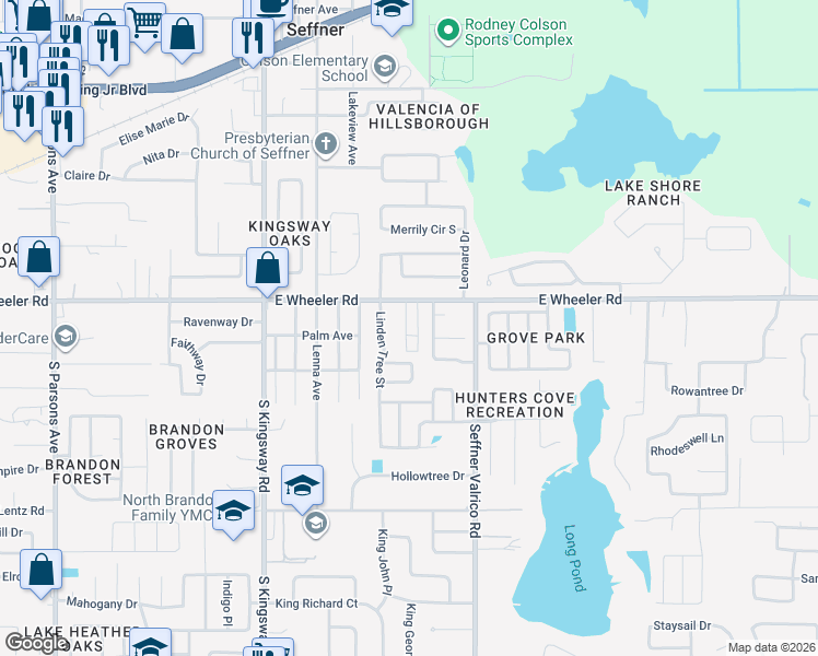 map of restaurants, bars, coffee shops, grocery stores, and more near 605 East Wheeler Road in Seffner