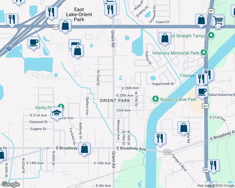 map of restaurants, bars, coffee shops, grocery stores, and more near 7406 East 25th Avenue in Tampa