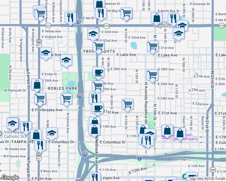 map of restaurants, bars, coffee shops, grocery stores, and more near 1001 East 25th Avenue in Tampa