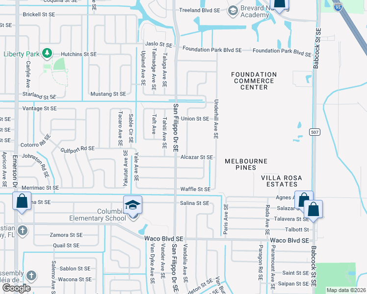 map of restaurants, bars, coffee shops, grocery stores, and more near 1012 Ulster Avenue Southeast in Palm Bay