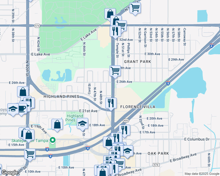 map of restaurants, bars, coffee shops, grocery stores, and more near 3213 North 49th Street in Tampa