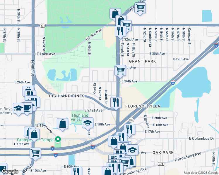 map of restaurants, bars, coffee shops, grocery stores, and more near 3213 North 49th Street in Tampa