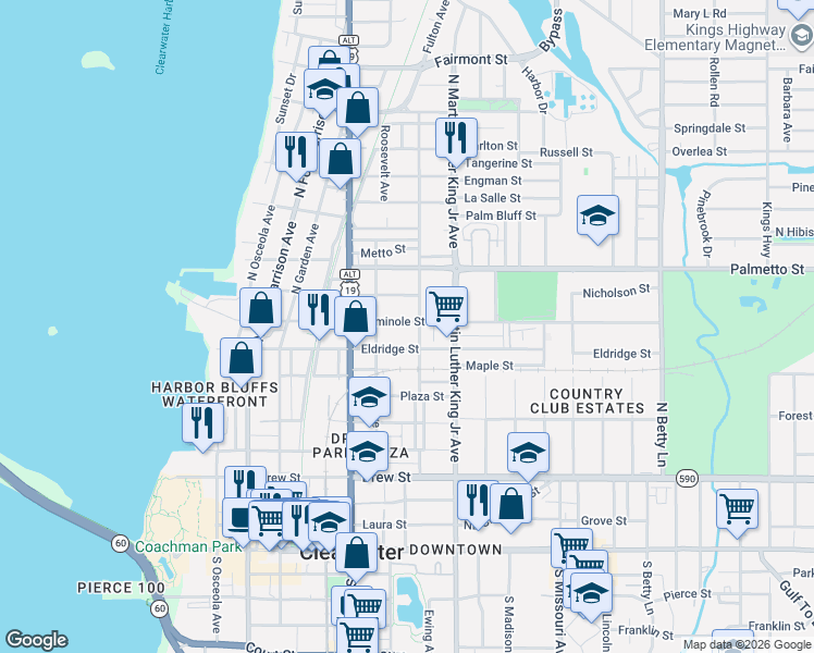 map of restaurants, bars, coffee shops, grocery stores, and more near 913 Seminole Street in Clearwater