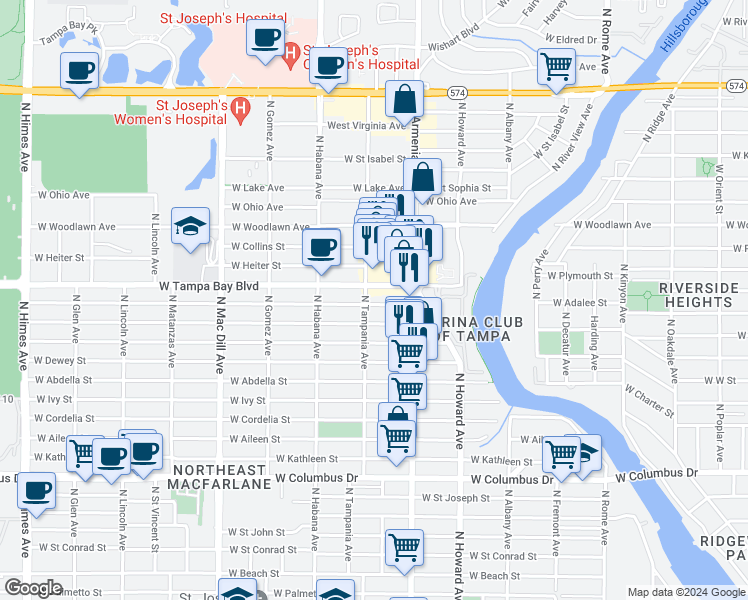 map of restaurants, bars, coffee shops, grocery stores, and more near 2525 West Douglas Street in Tampa