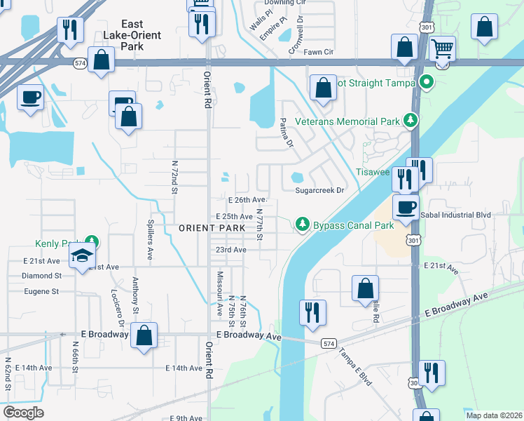 map of restaurants, bars, coffee shops, grocery stores, and more near 3307 North 77th Street in Tampa