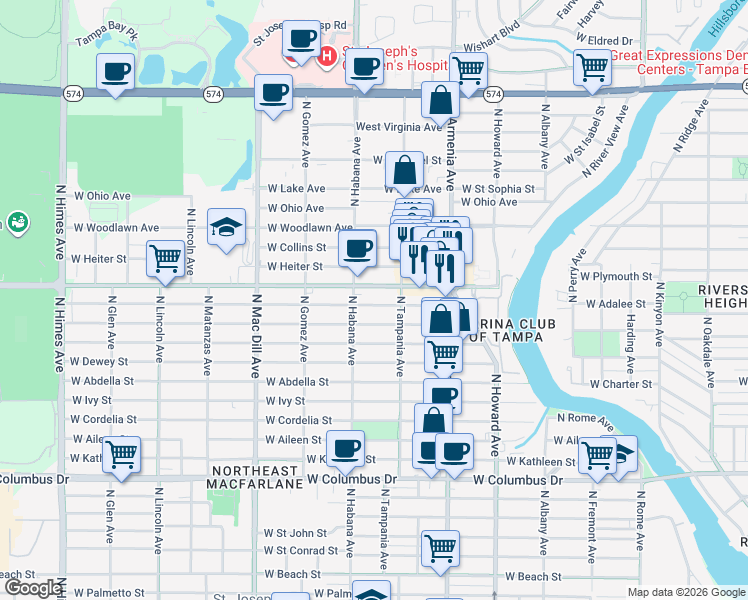 map of restaurants, bars, coffee shops, grocery stores, and more near 2713 West Douglas Street in Tampa