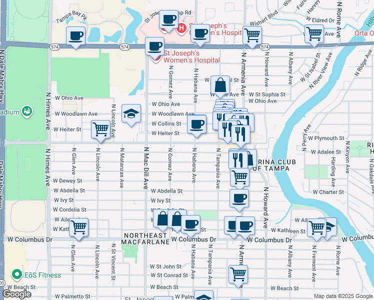map of restaurants, bars, coffee shops, grocery stores, and more near 2907 West Douglas Street in Tampa