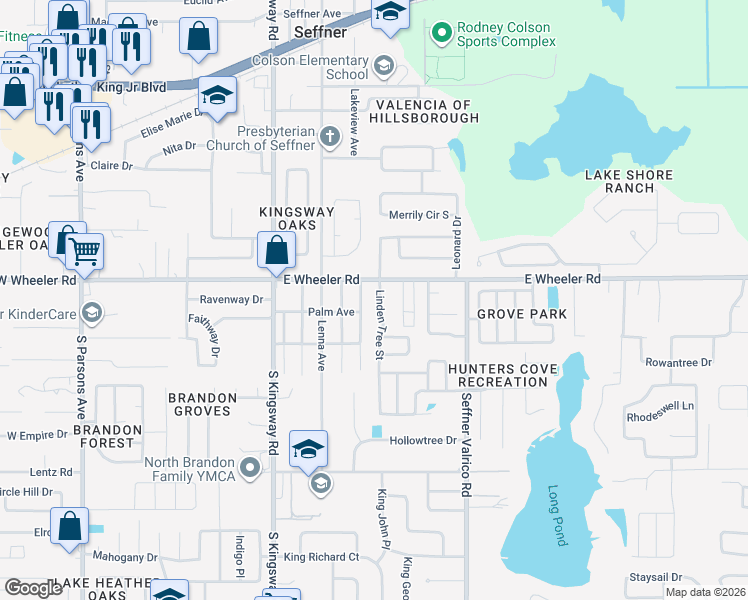 map of restaurants, bars, coffee shops, grocery stores, and more near 2505 Linden Tree Street in Seffner