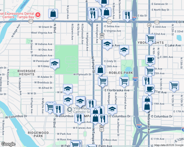 map of restaurants, bars, coffee shops, grocery stores, and more near 3202 North Tampa Street in Tampa