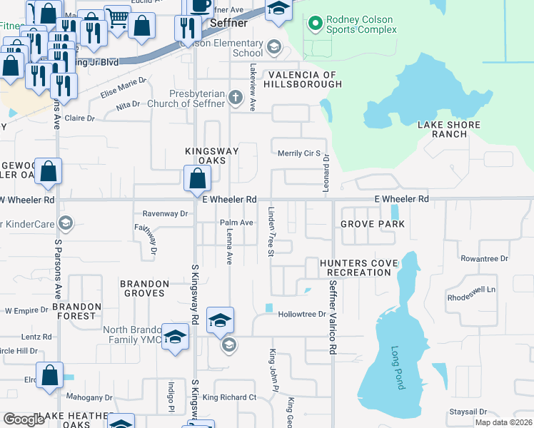 map of restaurants, bars, coffee shops, grocery stores, and more near 2505 Linden Tree Street in Seffner