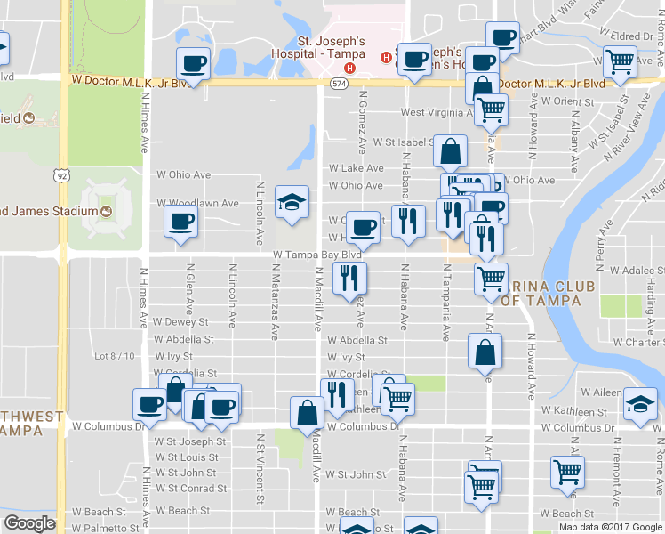 map of restaurants, bars, coffee shops, grocery stores, and more near 3017 West Douglas Street in Tampa